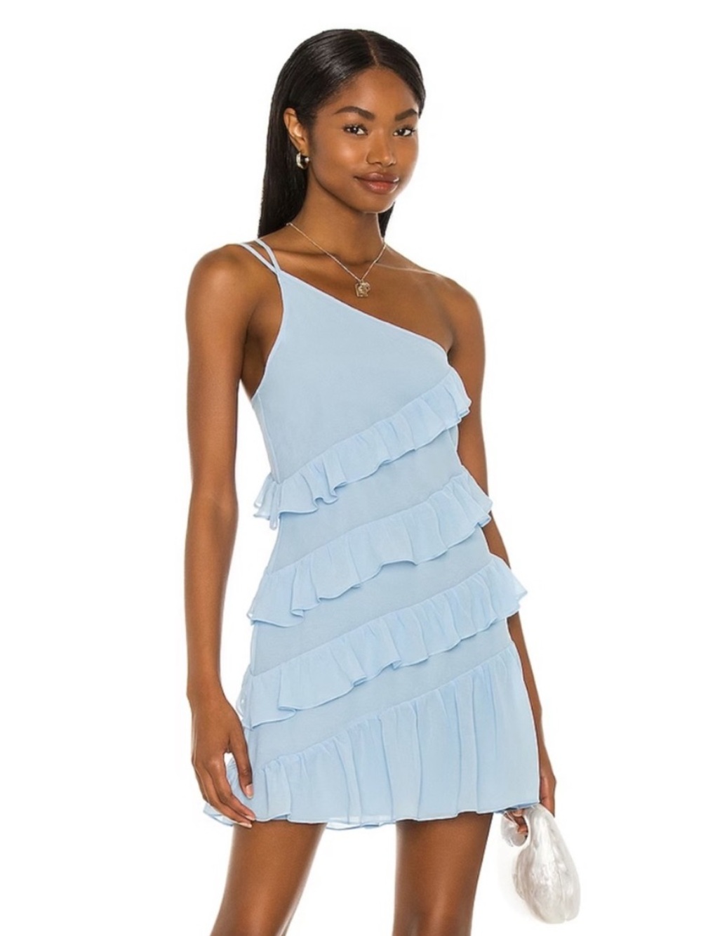 Lovers + Friends Dawn Mini Dress Size Medium Baby Blue Ruffle One Shoulder